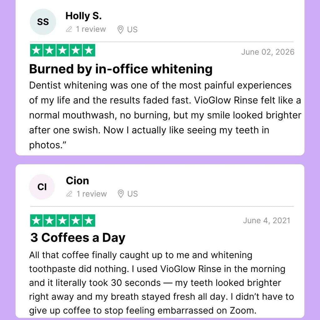 VioGlow Rinse — Purple Color‑Correcting Whitening Mouthwash Sachets Concept7