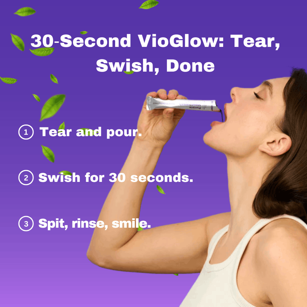 VioGlow Rinse — Purple Color‑Correcting Whitening Mouthwash Sachets Concept7